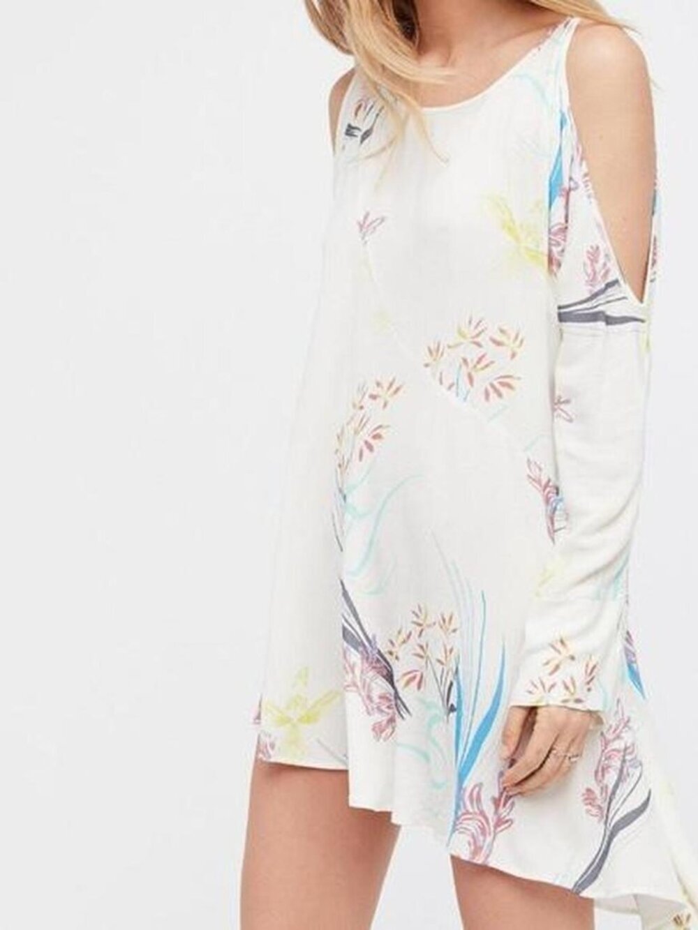 Free People Women's Cream Floral Cold Shoulder Mini Dress Size Small